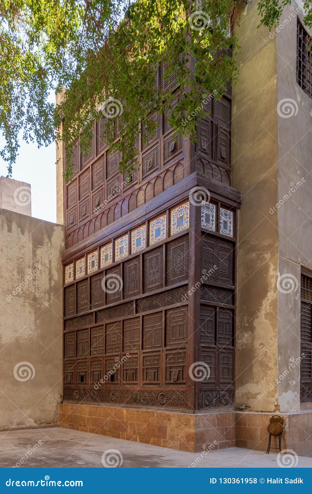 mashrabiya facade of el sehemy house, an old ottoman era historic house in medieval cairo, egypt, originally built in 1648