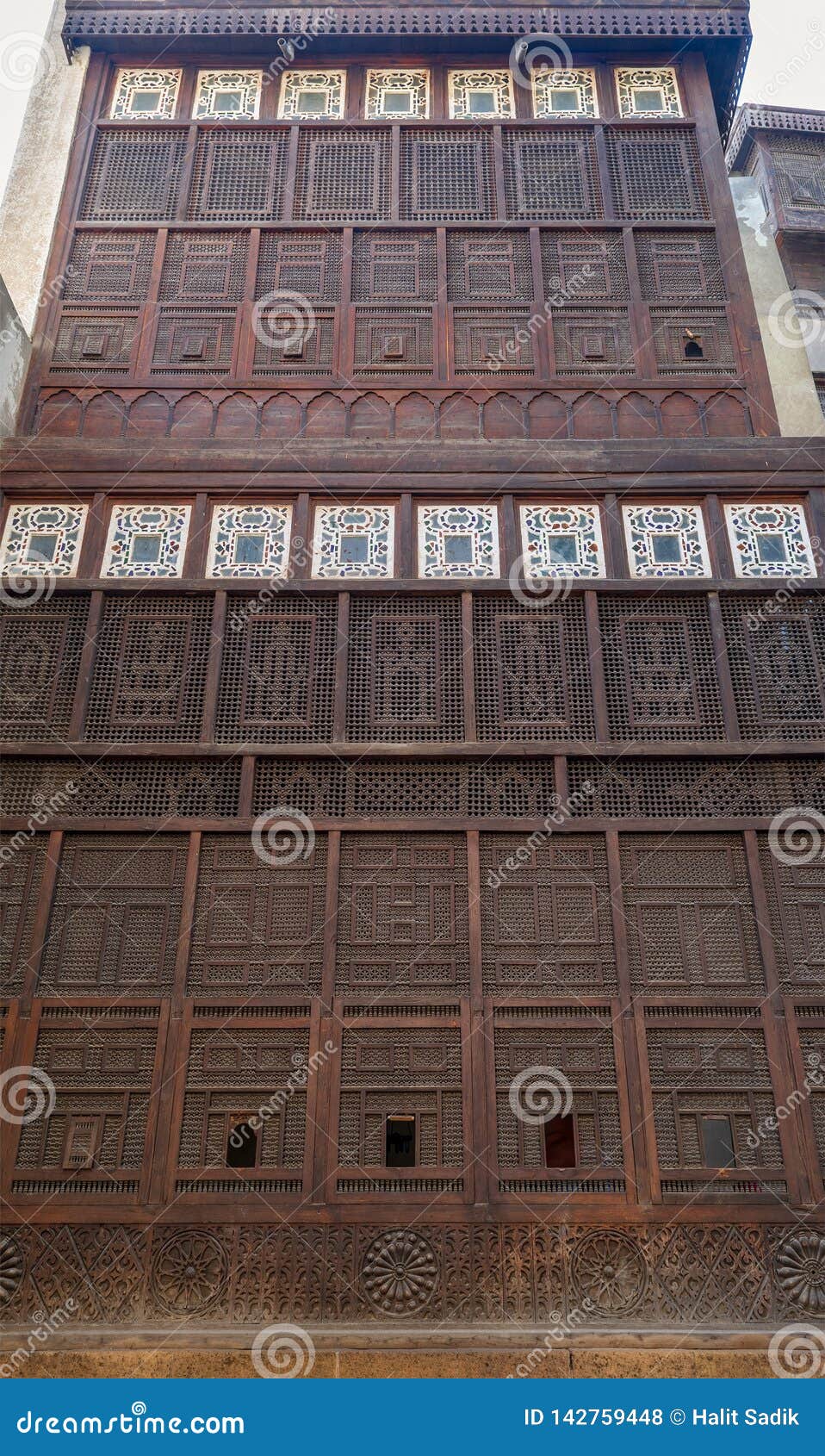 mashrabiya facade at el sehemy house, an old ottoman era house in medieval cairo, egypt