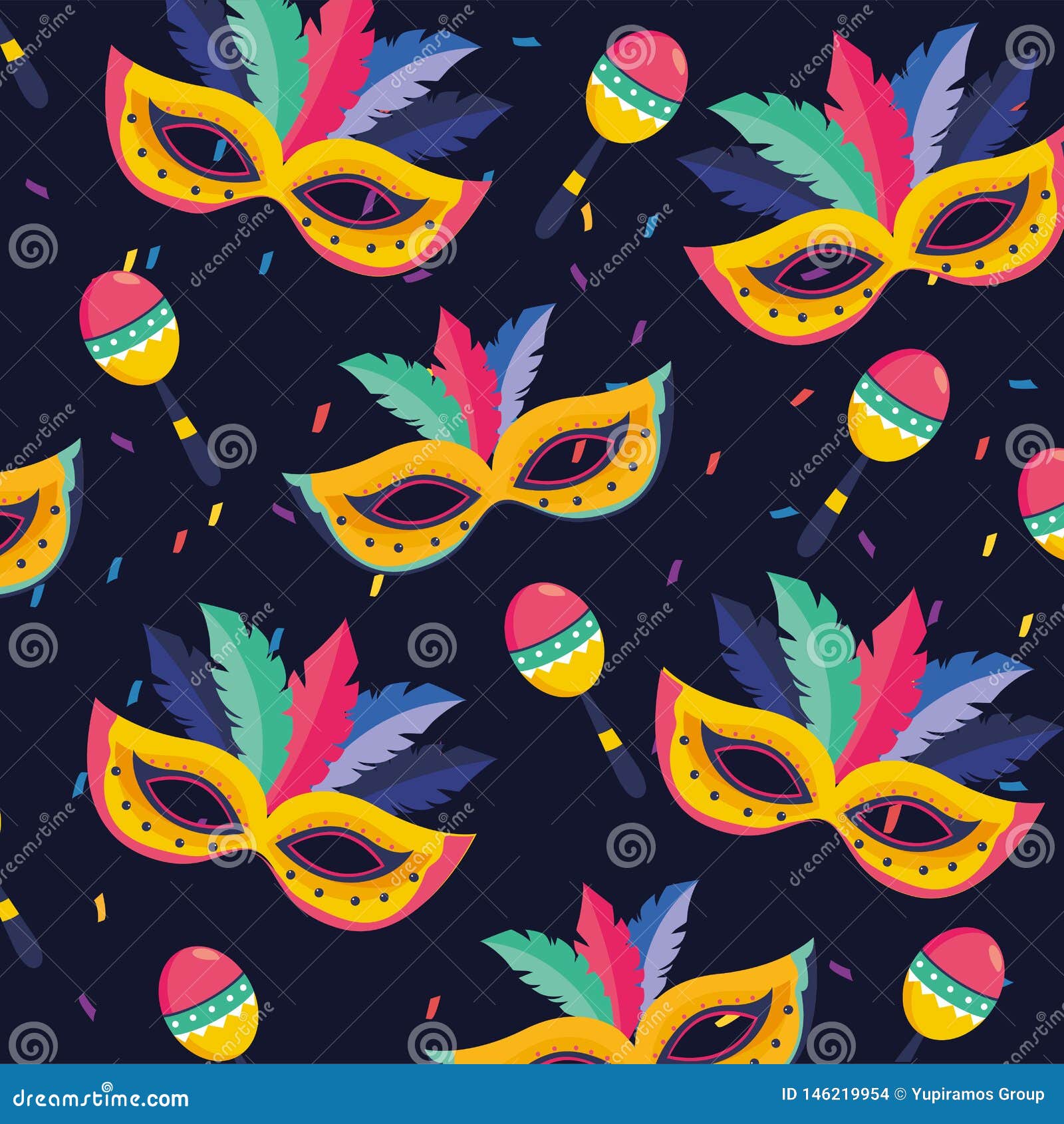 Mask With Feathers And Maracas Decoration Background Stock Vector