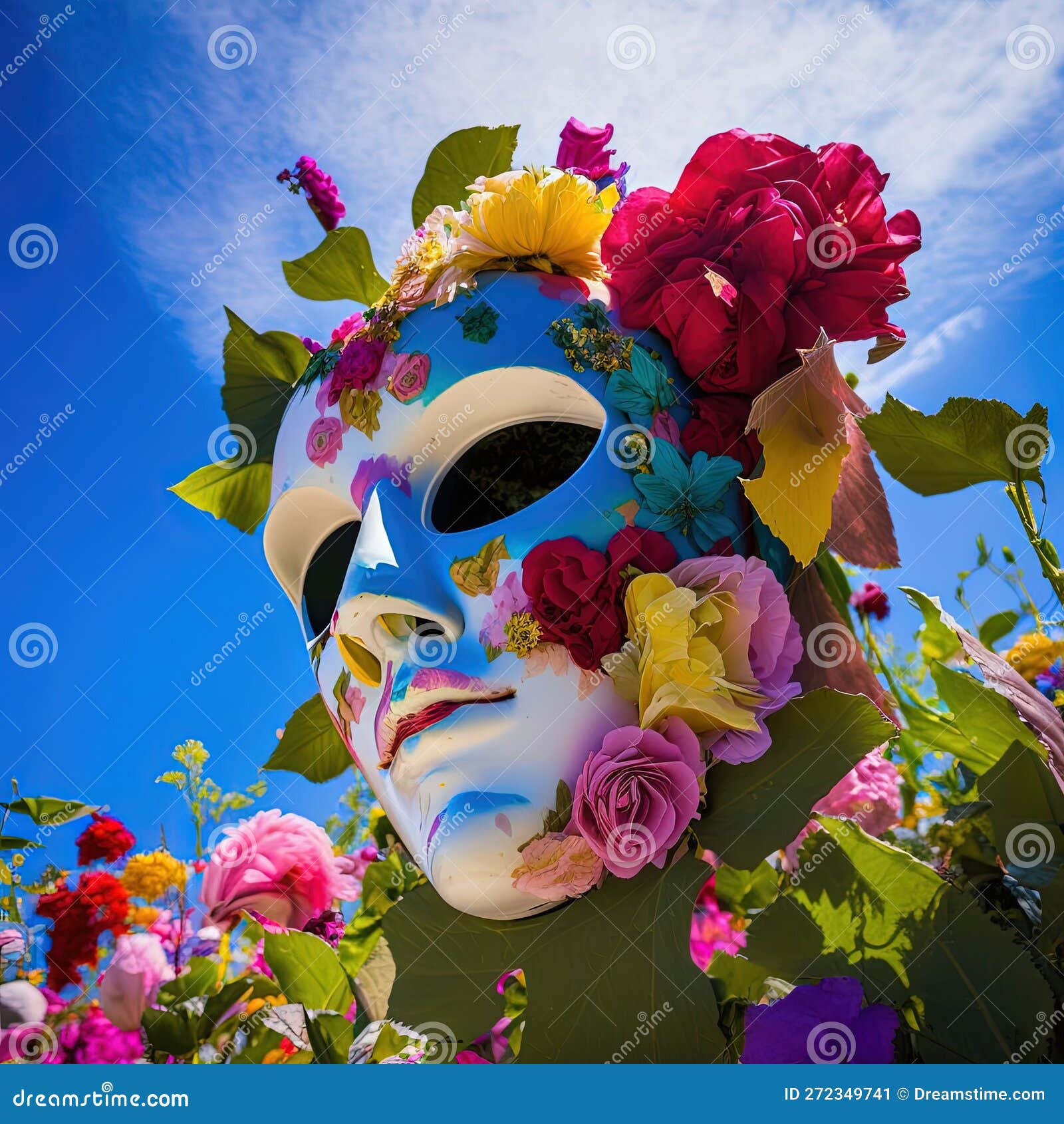 A Mask with Flowers on it is in a Field of Flowers Stock Illustration