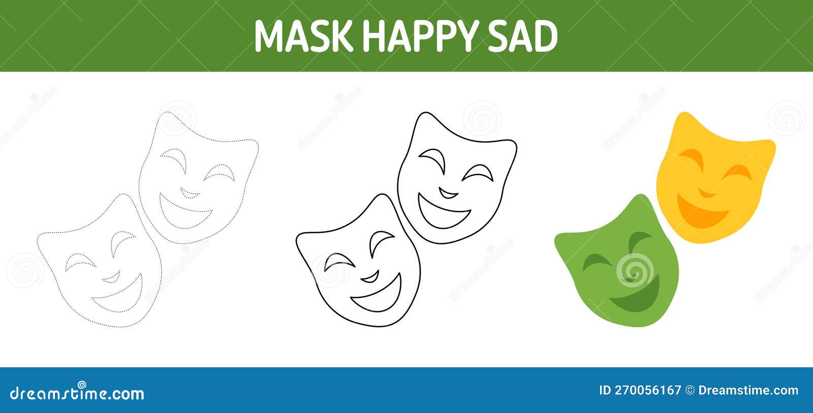 Mask Happy Sad Tracing and Coloring Worksheet for Kids Stock Vector