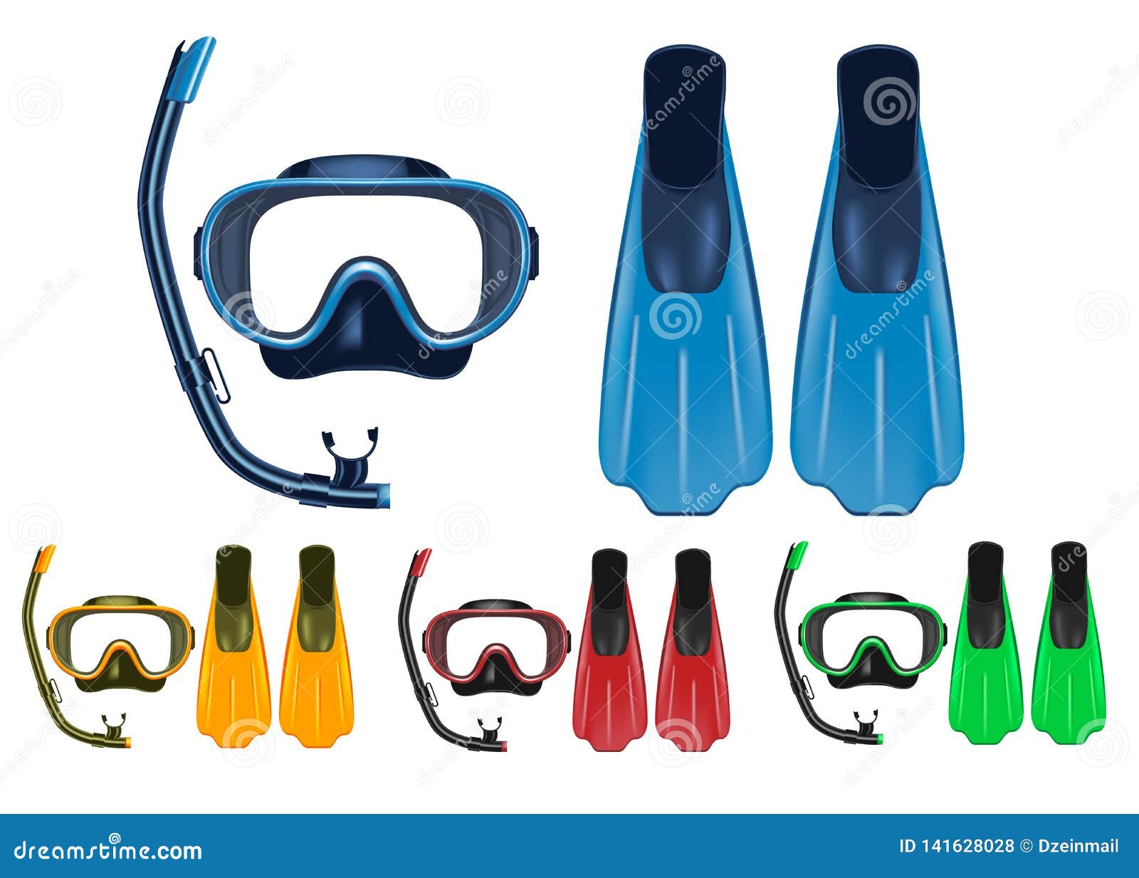 mask, snorkel and fins 3d realistic set with different colors for snorkeling, free diving and scuba diving activities