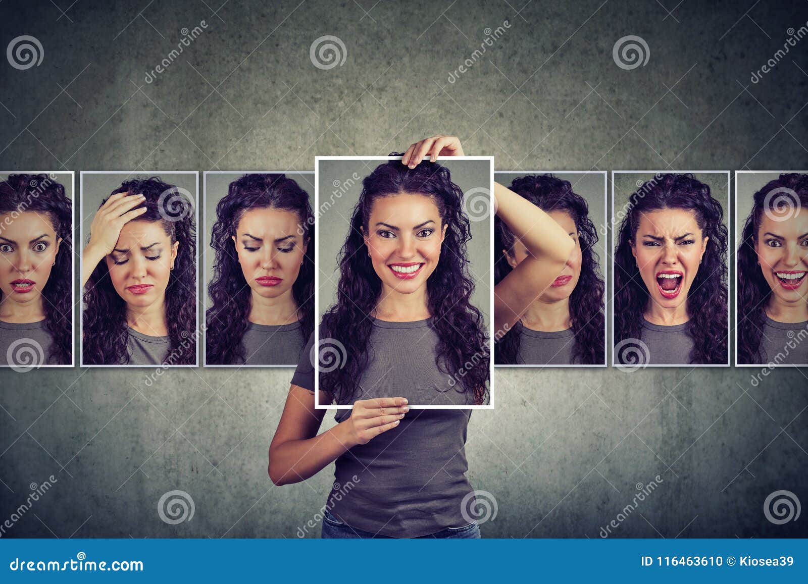 masked woman expressing different emotions