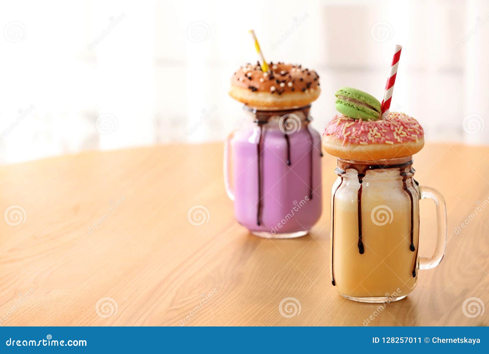 Mason Jars with Delicious Milk Shakes on Table Stock Image Image of
