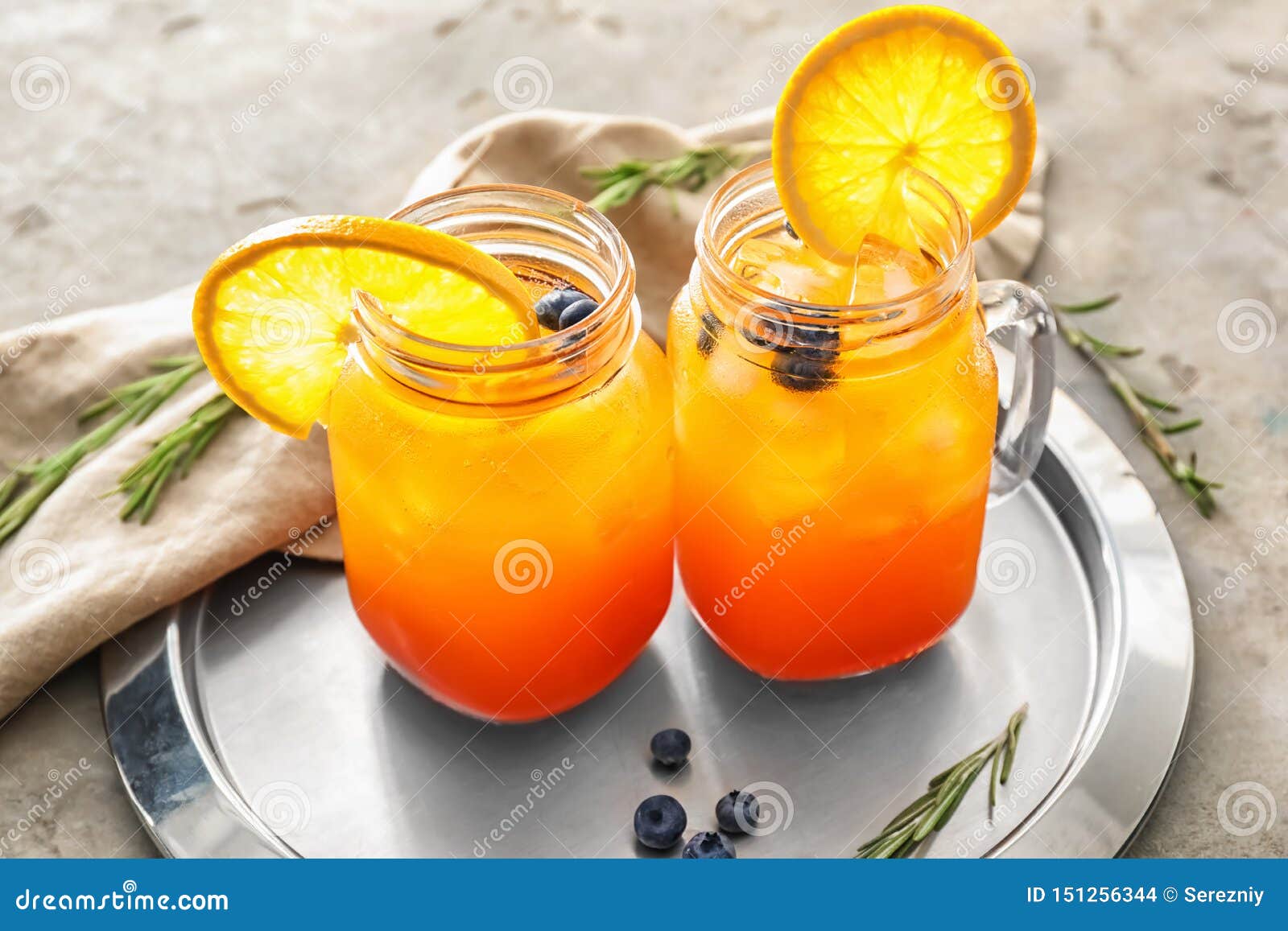 Mason Jars with Delicious Summer Cocktails on Table Stock Photo Image