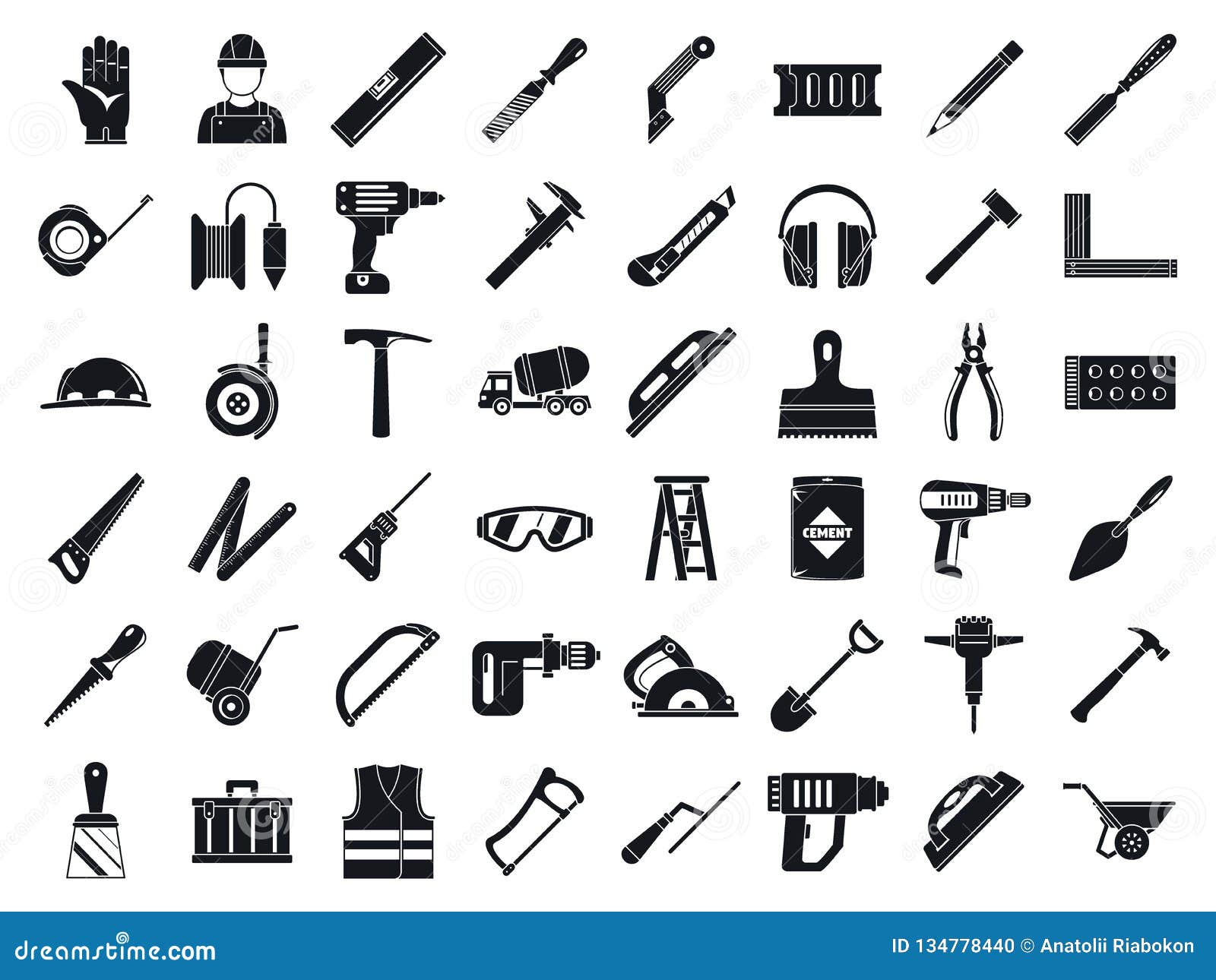 masonry worker tools icon set, simple style