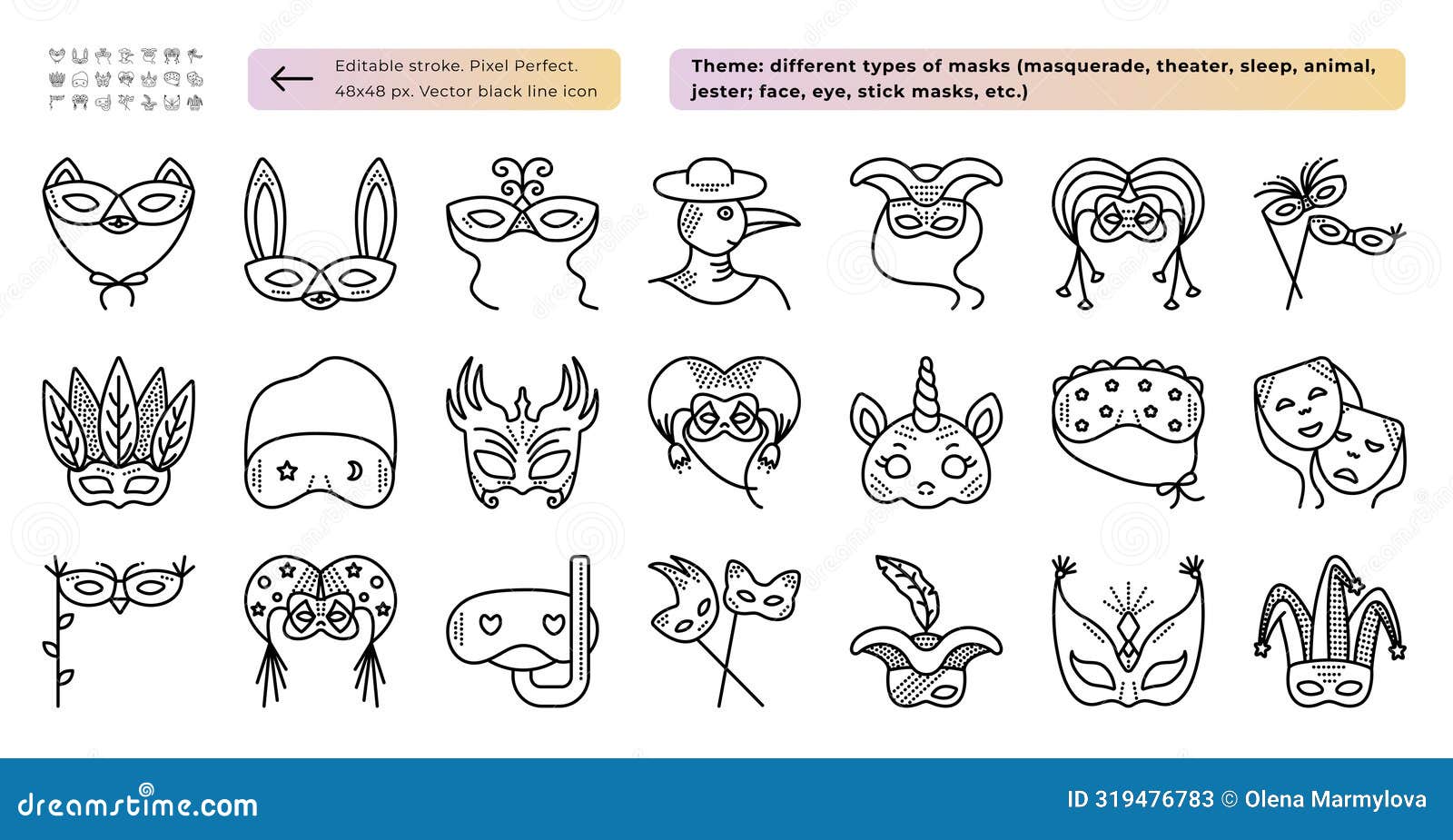 masquerade masks black line icon set