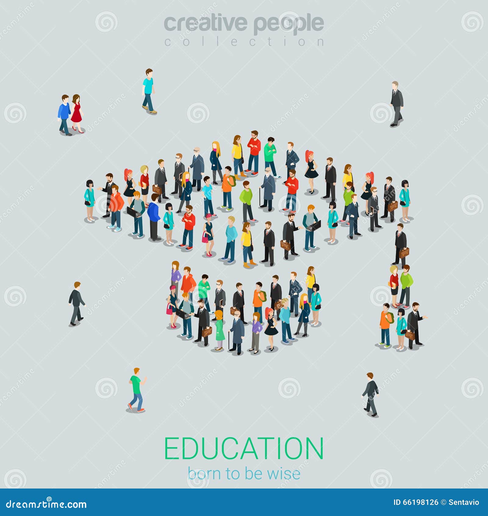 Mass Education Crowd People Graduate Cap Flat Vector Isometric Stock