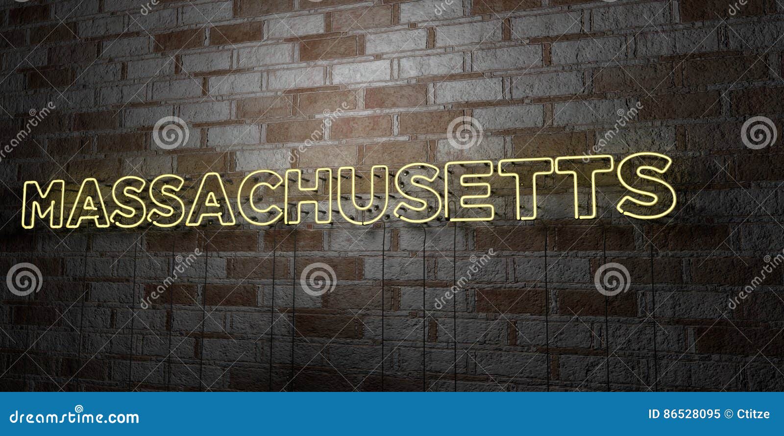 massachusetts - glowing neon sign on stonework wall - 3d rendered royalty free stock 