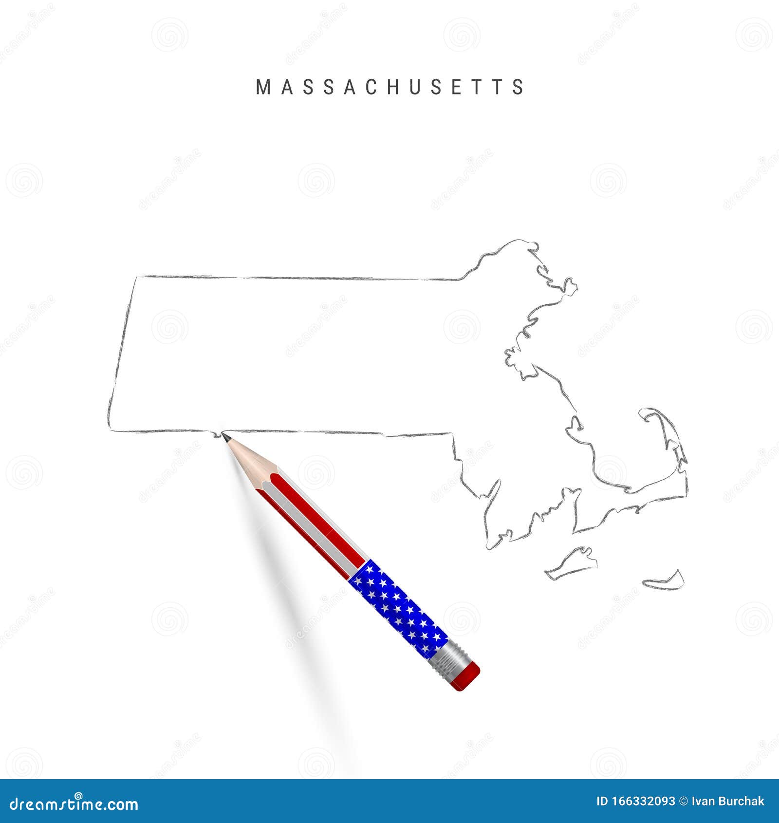 Massachusetts US State Vector Map Pencil Sketch. Massachusetts Outline