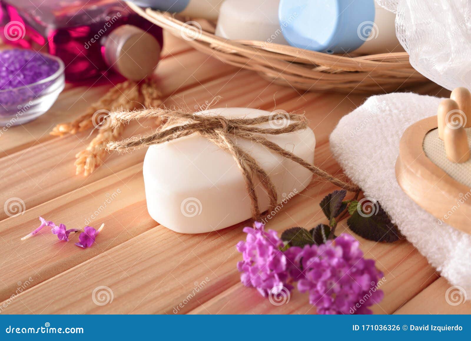 Massage and Bath Products on Wooden Table Elevated Stock Photo Image