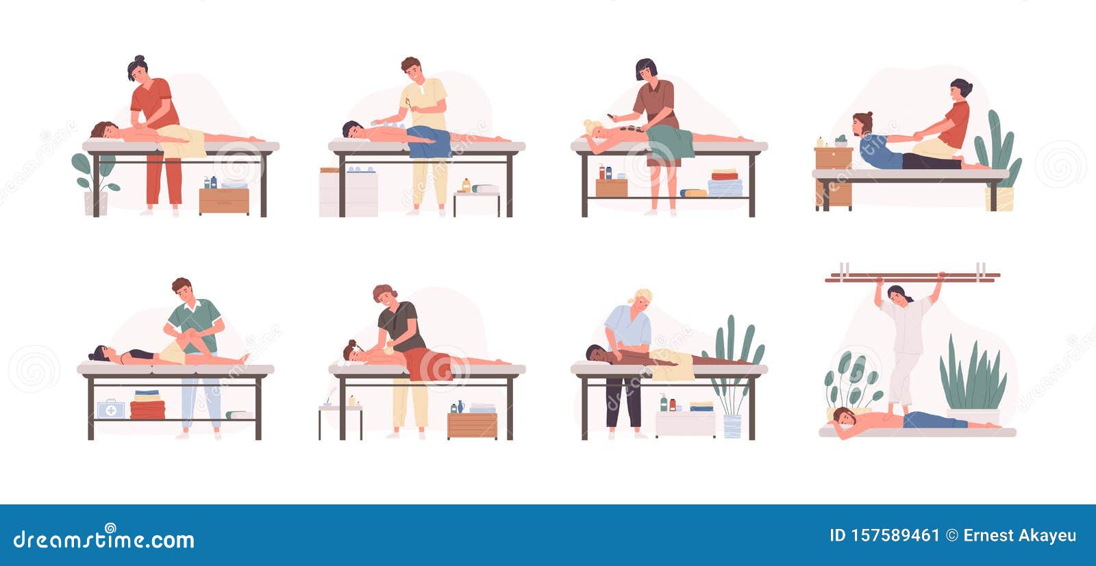 Massage Therapists At Work Flat Vector Illustrations Set Patients Lying On Couch Enjoying Body
