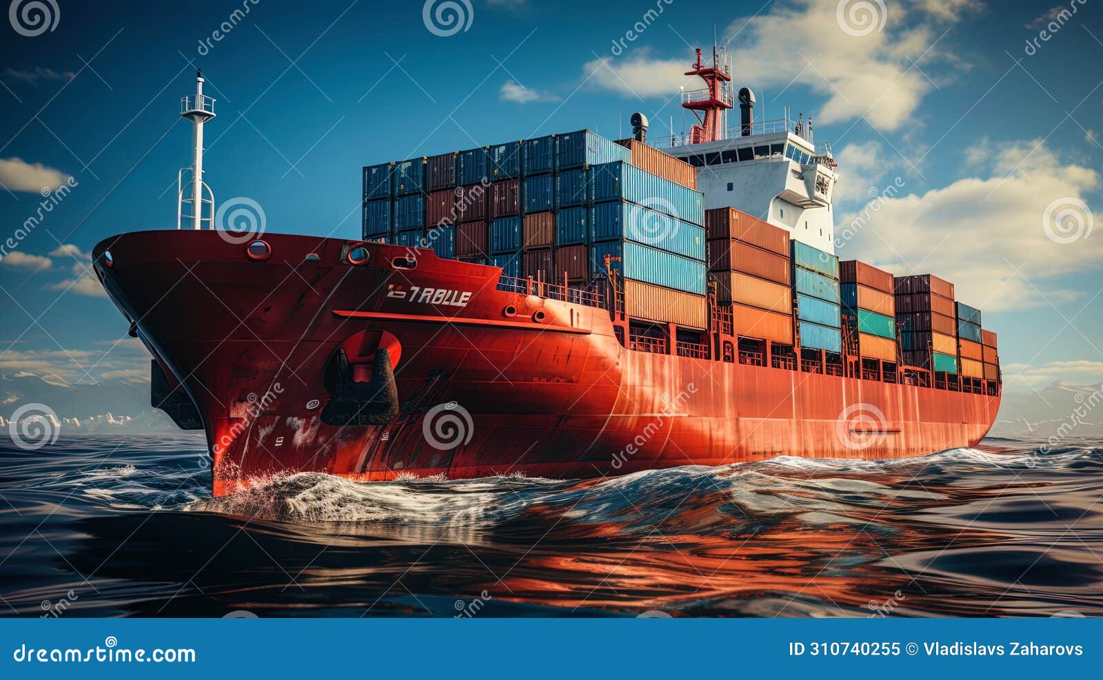 a massive cargo ship loaded with containers, floating along the calm waves of the sea, like an