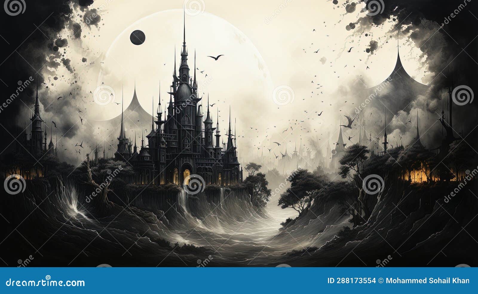 massive castle with ominous towers full moon casting eerie shadows in the cosmos paint art on canvas ai generative