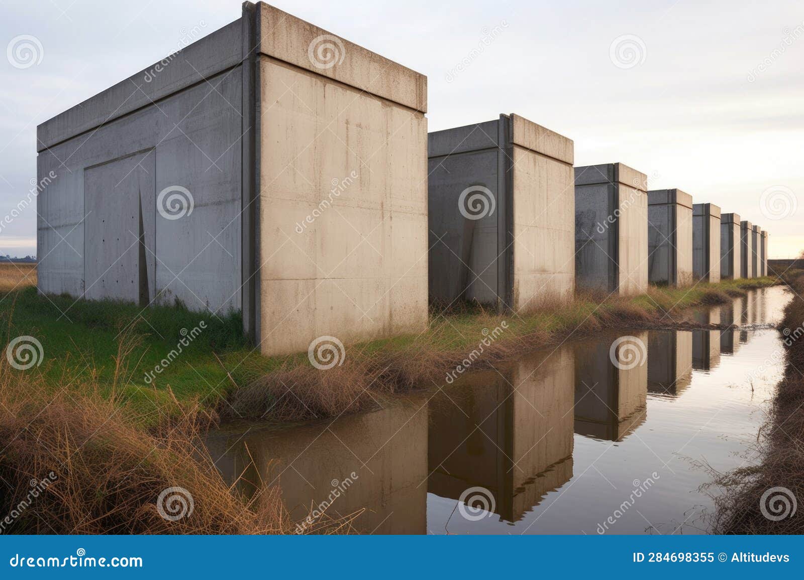 Massive Concrete Slabs Reinforcing a Levee Stock Illustration