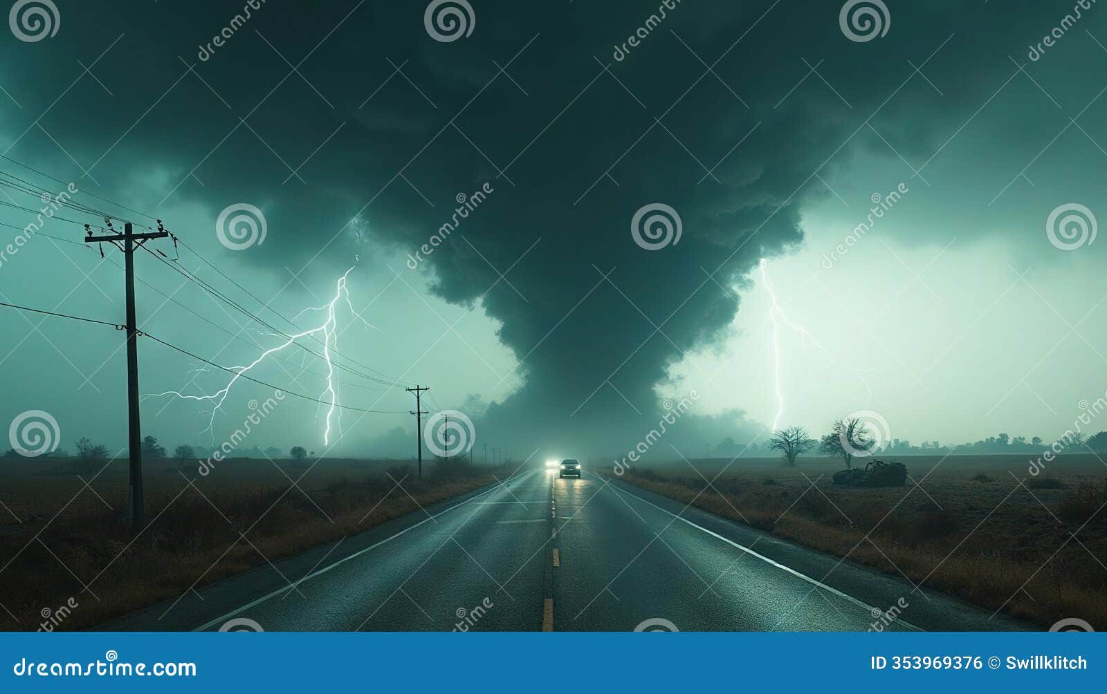 massive tornado and lightning strike on an open road in a stormy landscape