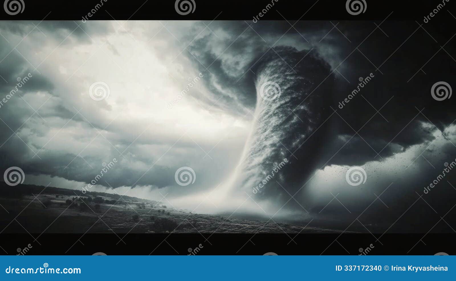 a massive tornado looms over an open field as dark clouds swirl ominously above