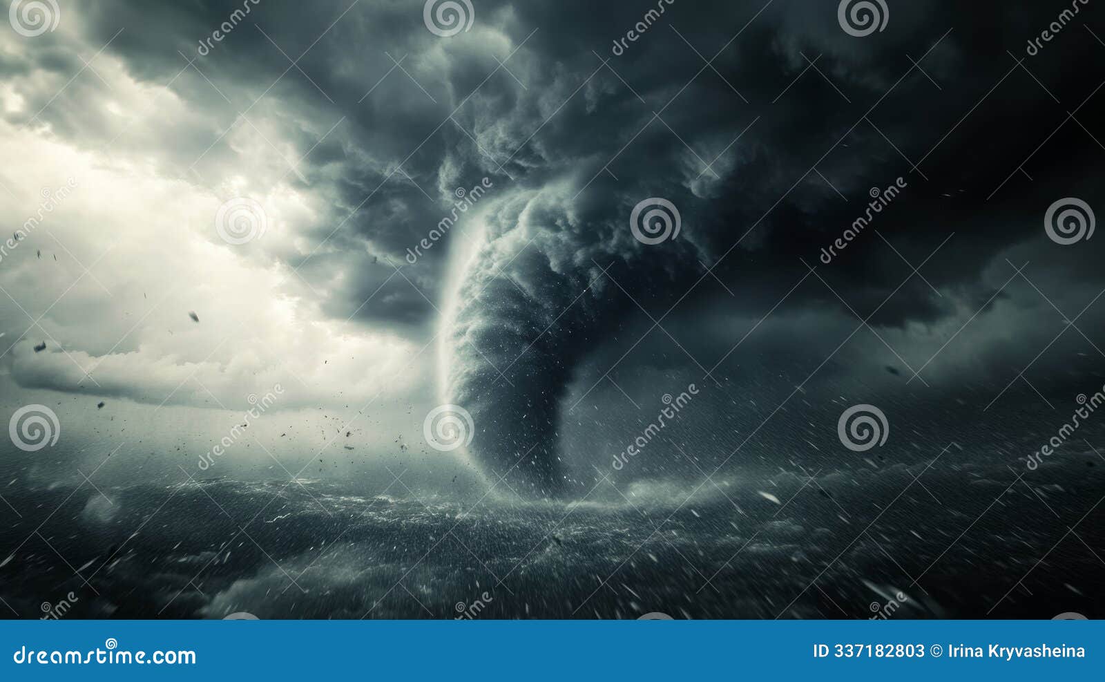 a massive tornado looms over an open field as dark clouds swirl ominously above