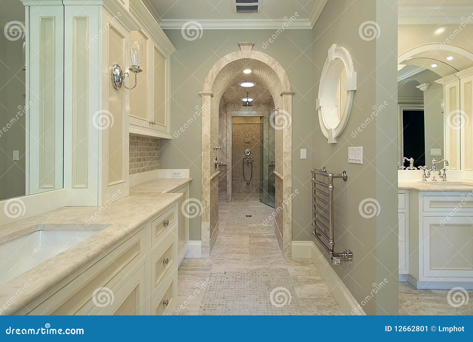 Master Bath with Arched Shower Entry Stock Image Image of family
