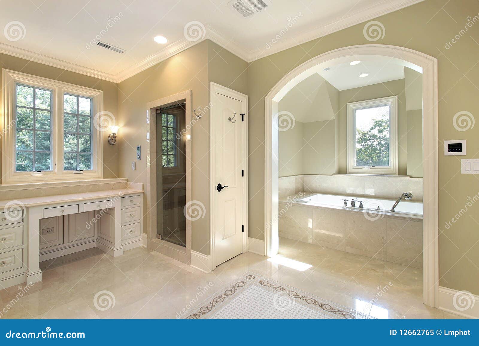 Master bath with separate bath. Master bath in new construction home with separate tub