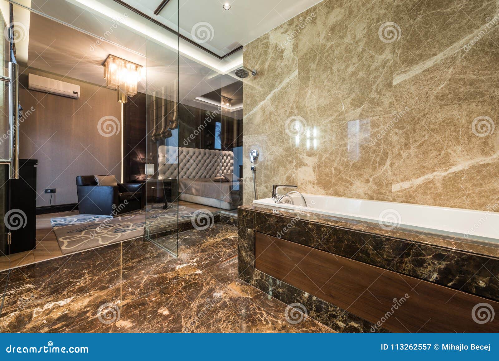 Master Bedroom Interior with Luxury Bathroom Stock Image - Image of ...