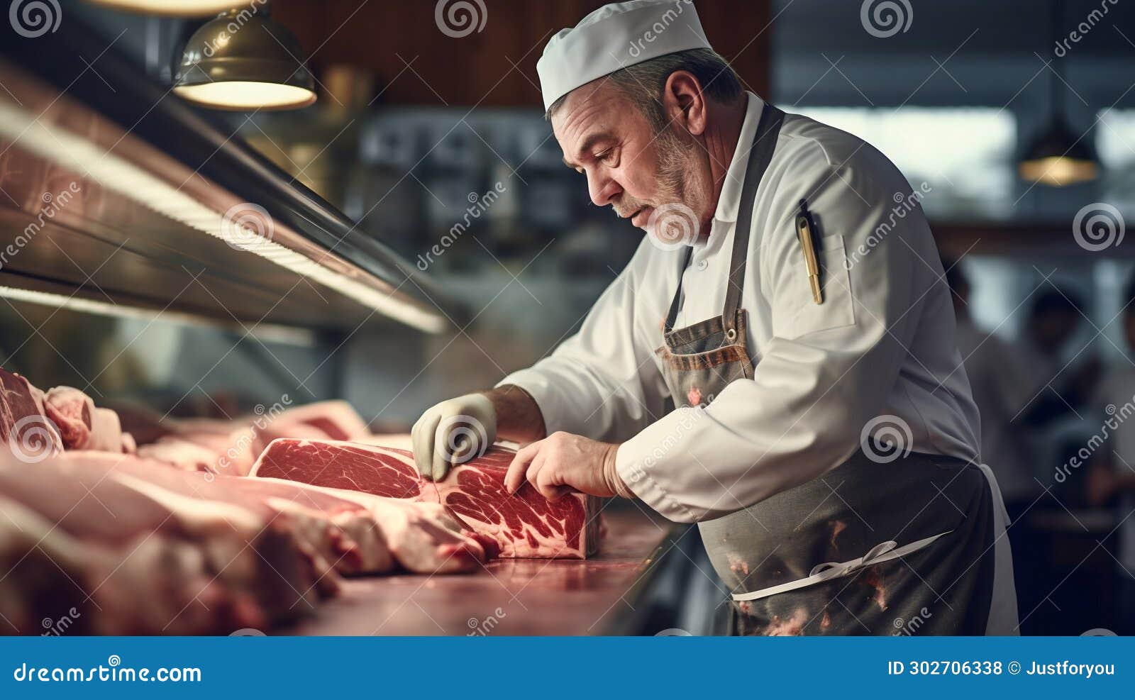 Master Butcher at Work in a Meat Shop. Generative Ai Stock Illustration