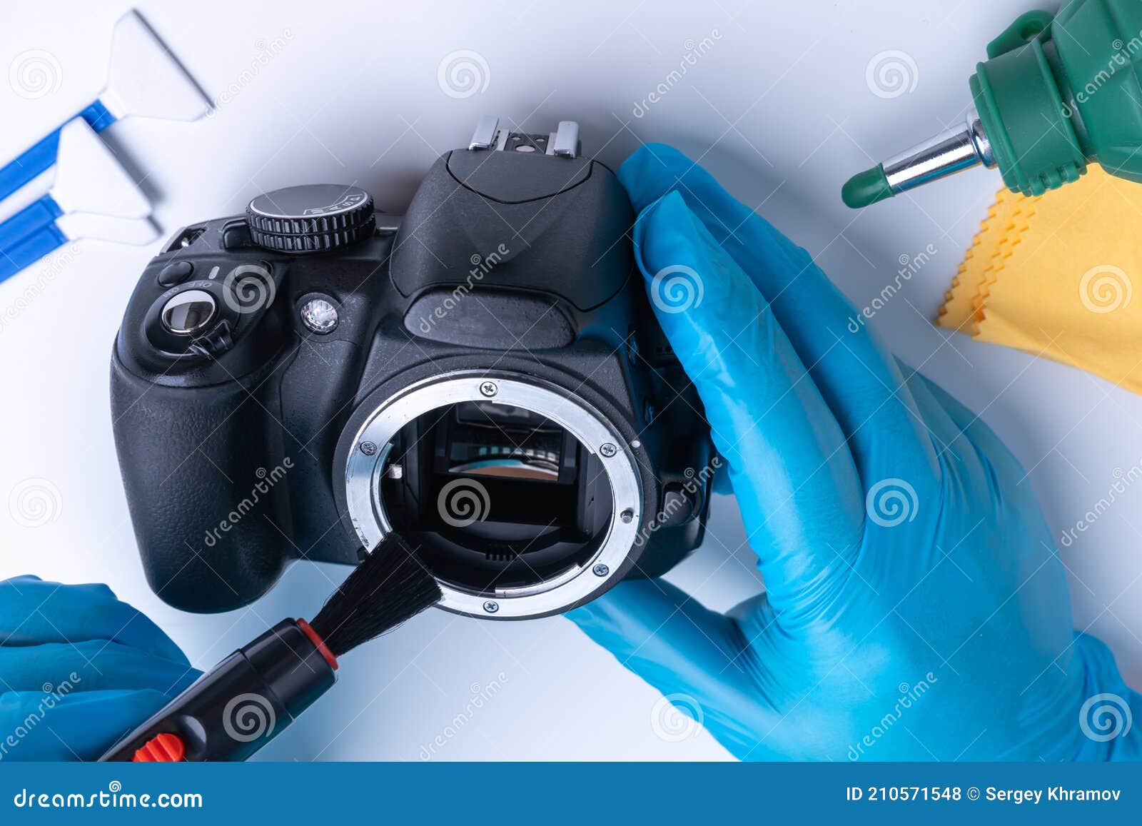 The Master Cleans the Matrix of the DSLR Camera with a Special Brush