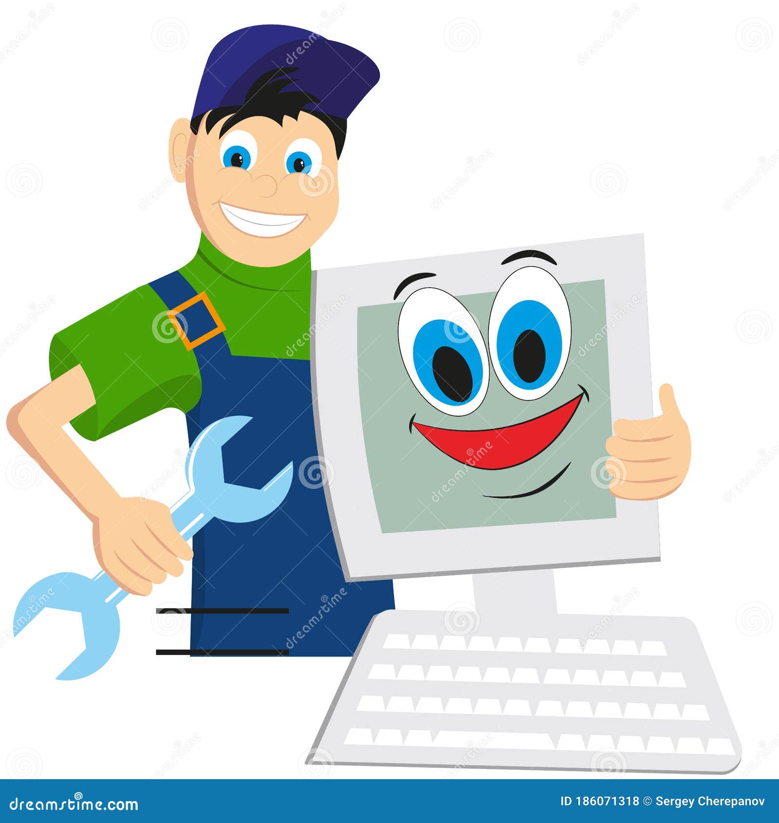 Master on Repair Computer Embraces Computer Flat Stile Stock Vector