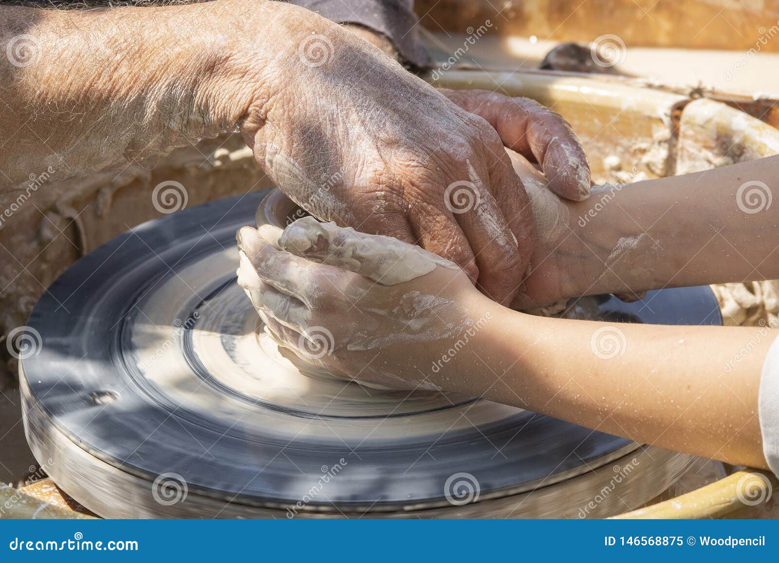 Master Teaches Apprentice Pottery. Ceramic Vase Molding Stock Image