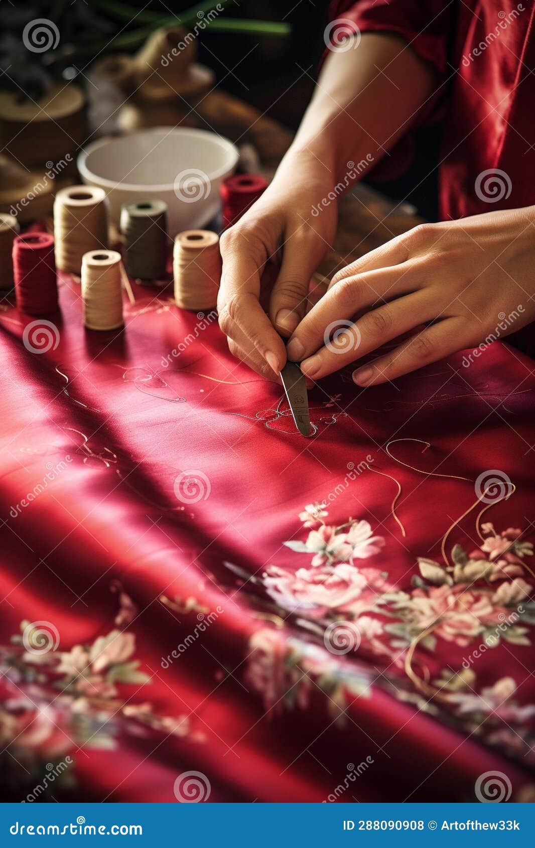 masterful tailors hands sewing intricate patterns on vibrant red satin fabric