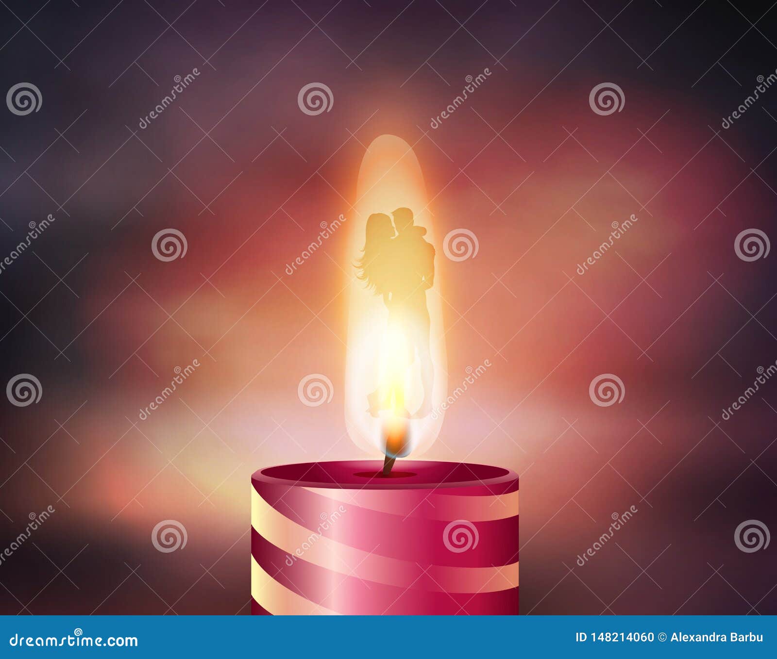 Burning Love Candle, Couple Silhouettes Hugging Stock Vector