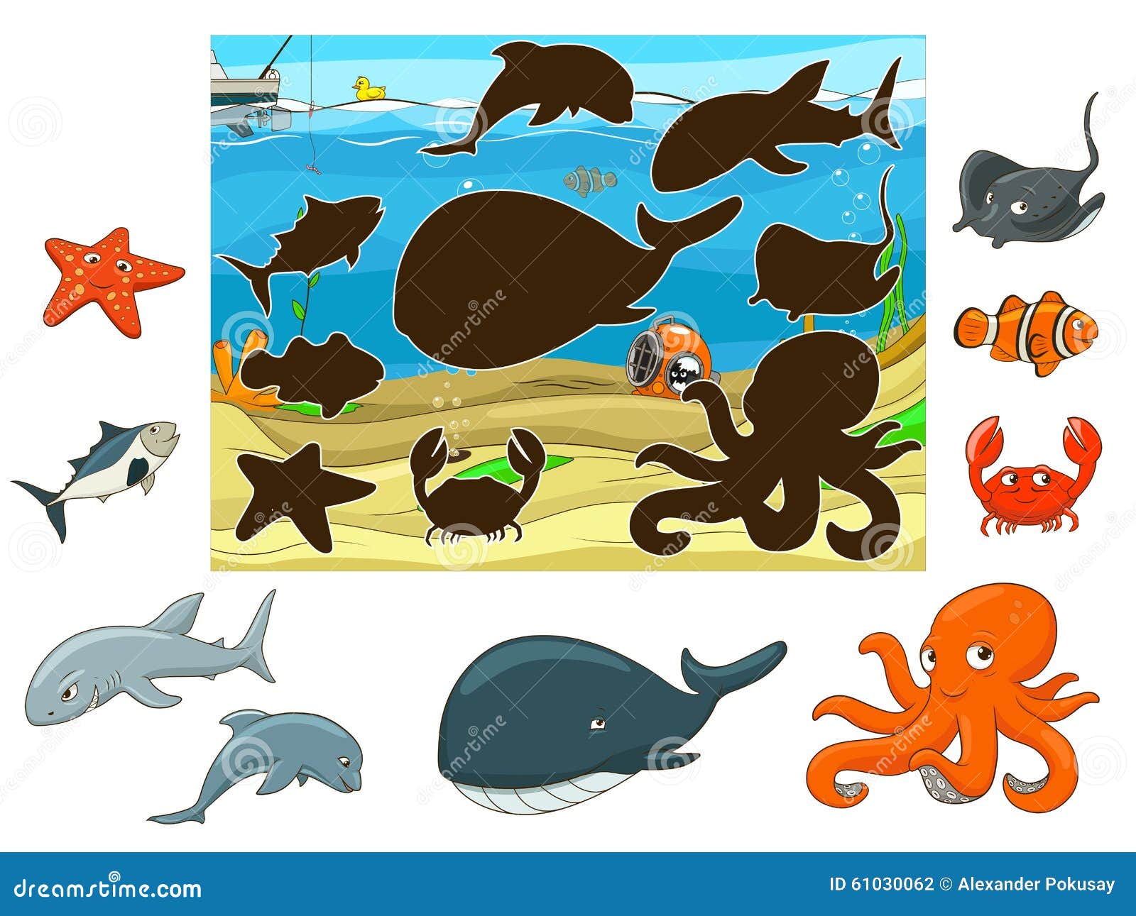 match the animals and fish to their shadows