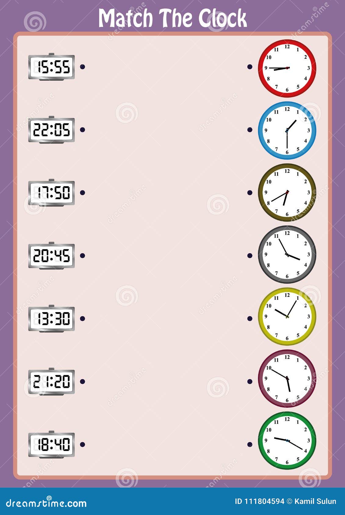 match the clocks kids learn to read analog clocks with this matching math game worksheet stock illustration illustration of primary kindergarten 111804594
