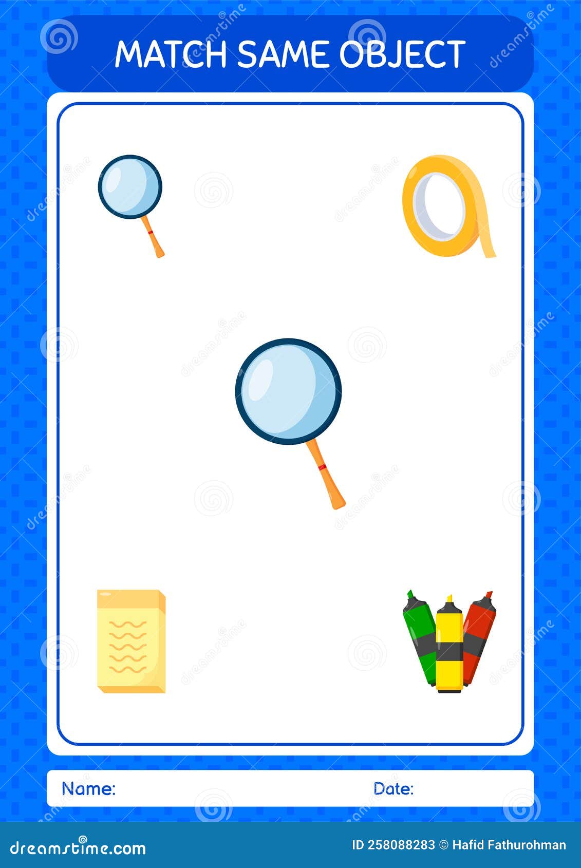 Match with Same Object Game Magnifying Glass. Worksheet for Preschool Kids, Kids Activity Sheet