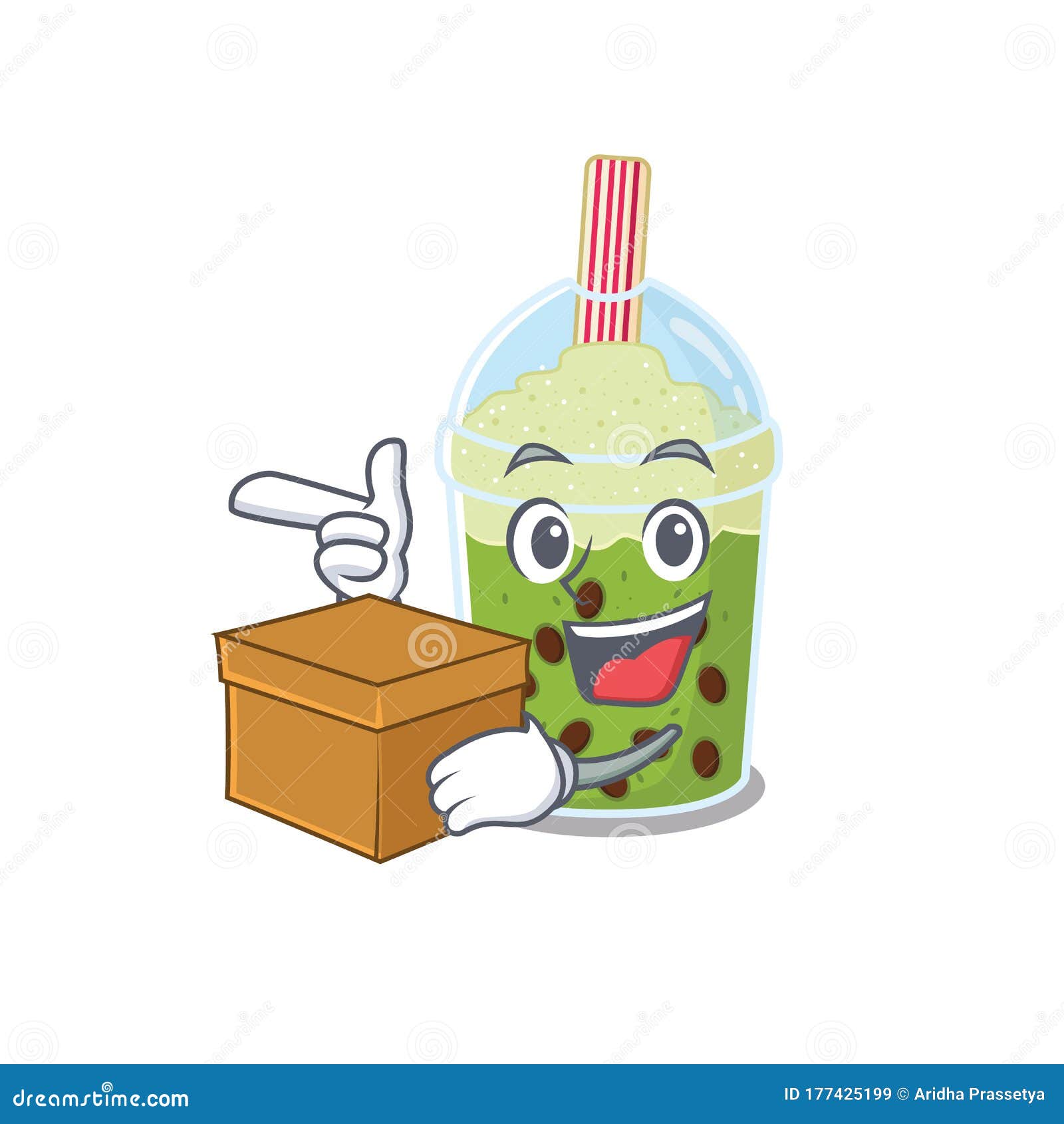 Matcha Bubble Tea Cartoon Design Style Having a Box Stock Vector