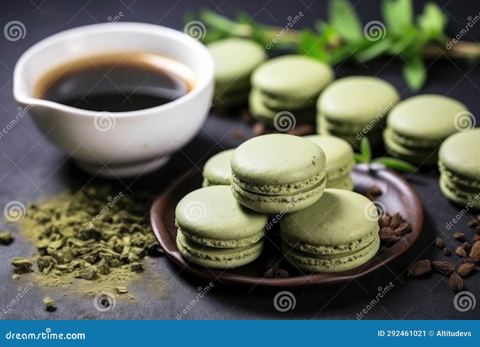 Matcha Flavor Macarons with Matcha Tea Powder Around Stock Image