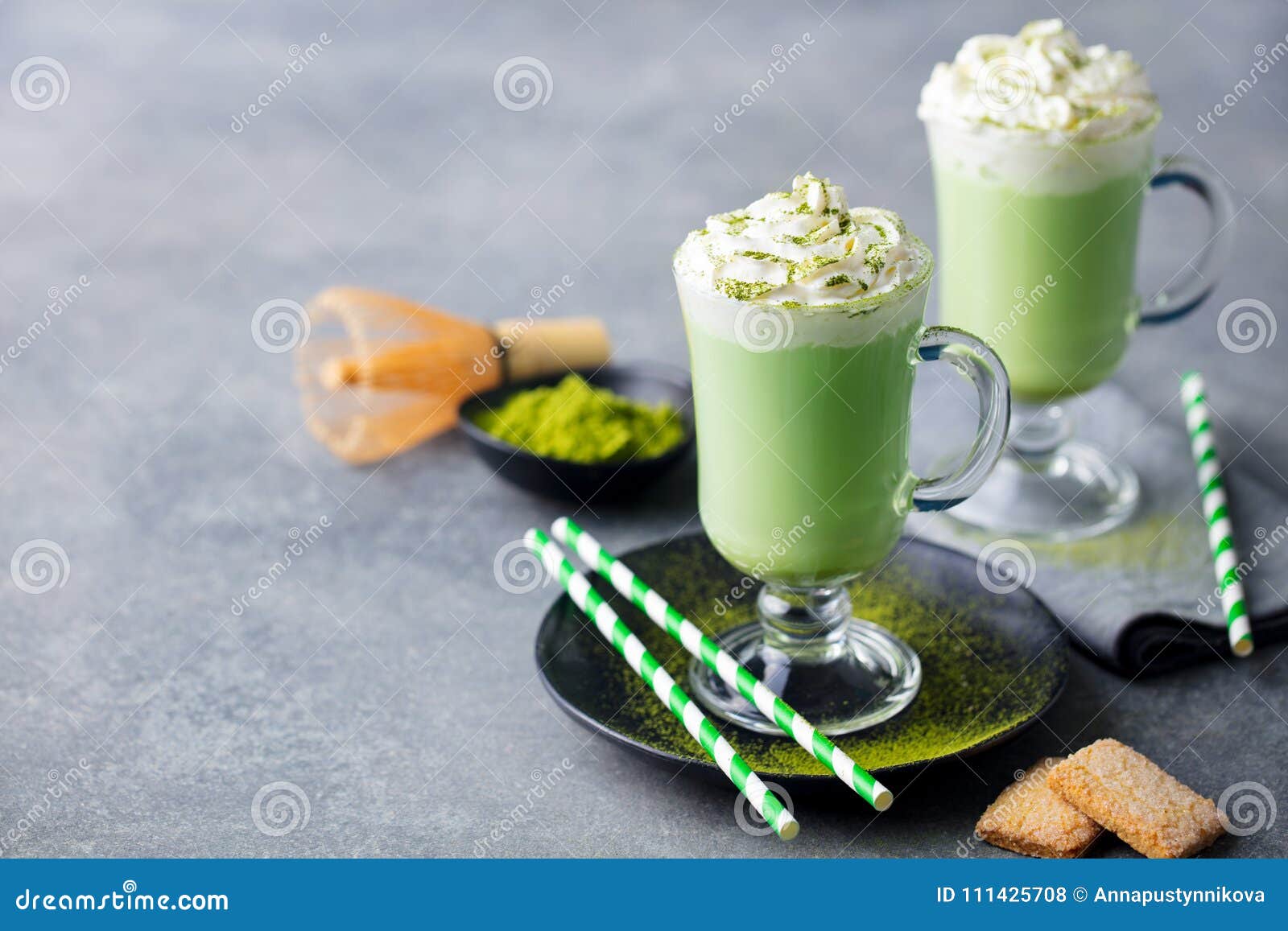 Matcha Green Tea Latte with Whipped Cream. Copy Space. Stock Photo