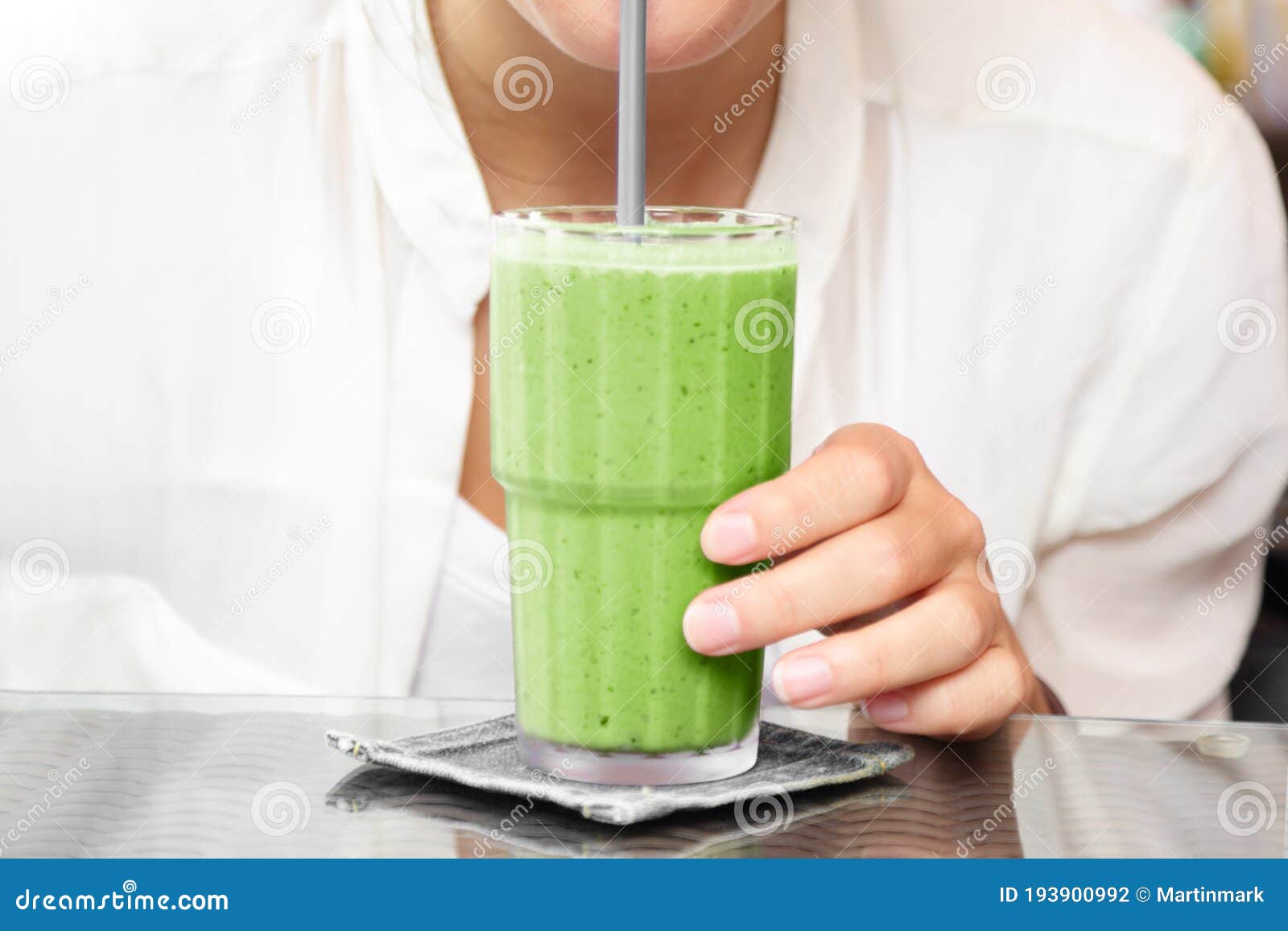 Matcha Green Tea Smoothie Cold Dessert Shake Drink Woman Drinking With Straw At Cafe Table Stock 