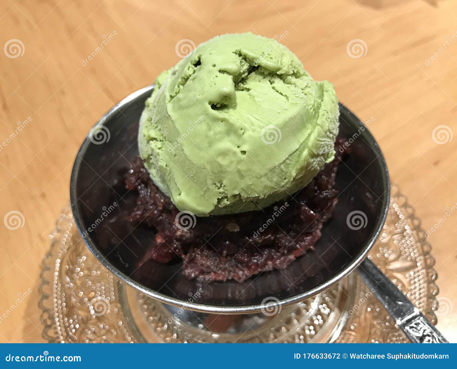 Matcha Ice Cream Served with Crushed Red Bean. Stock Photo Image of