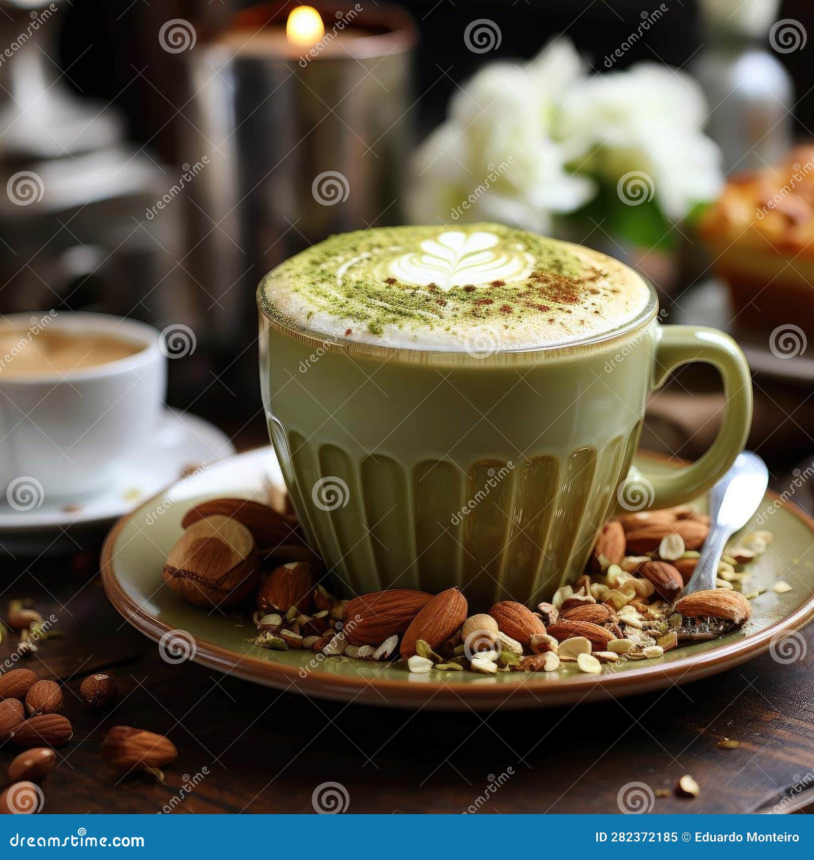 Matcha Latte with Oat Milk and Cinnamon Stock Illustration