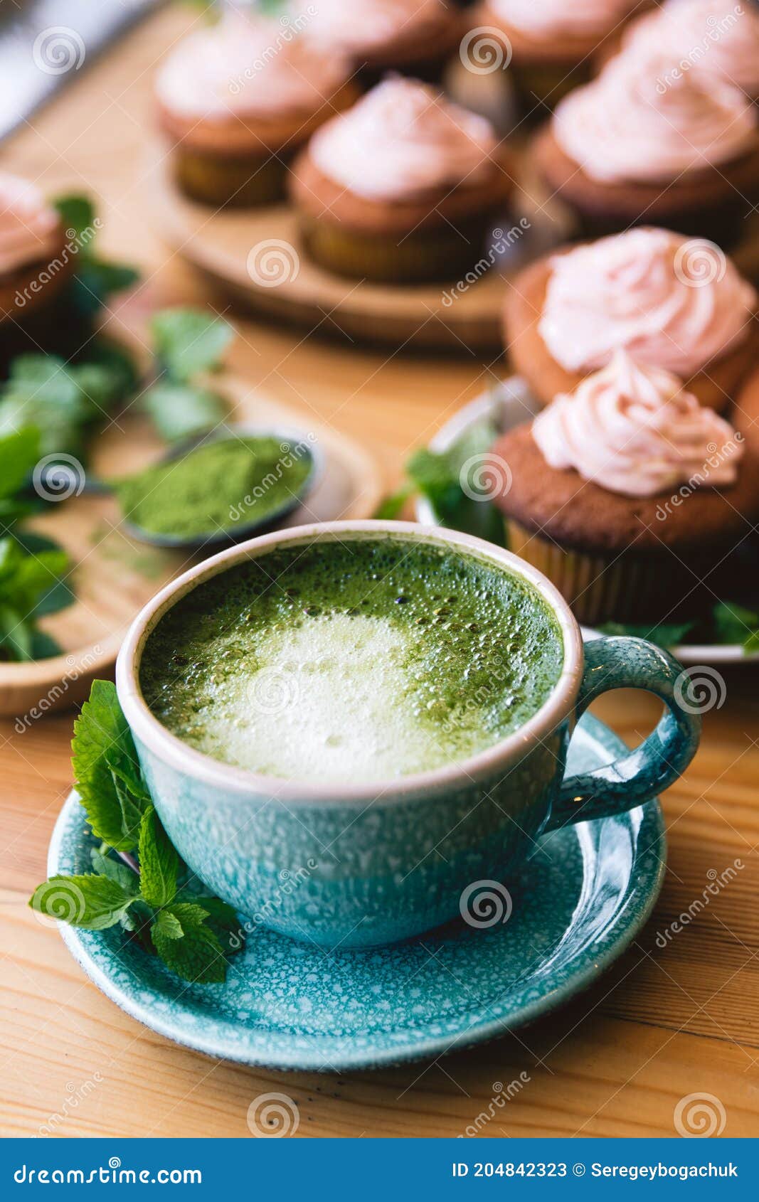 Matcha tea with cakes stock image. Image of gourmet 204842323