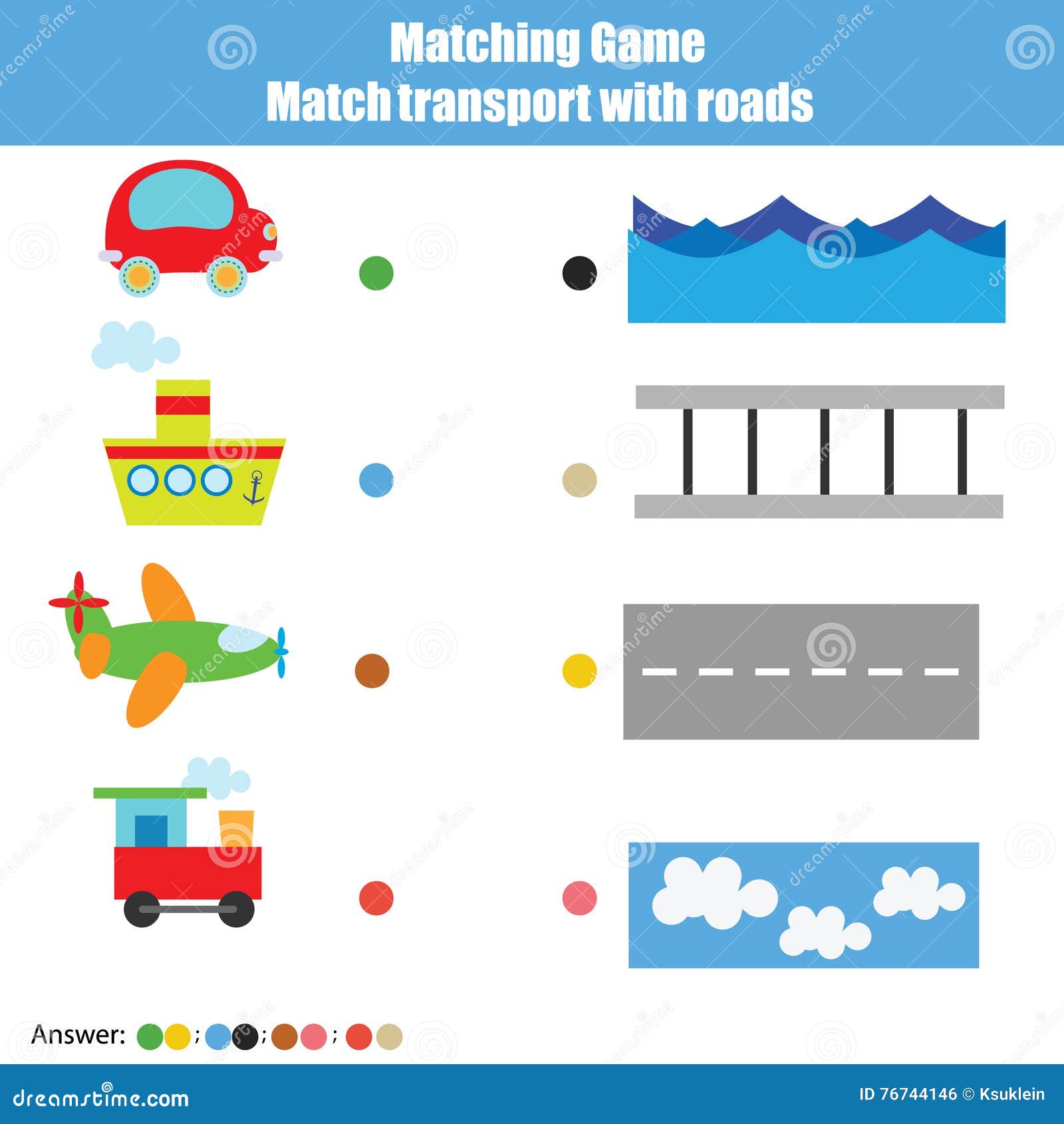 matching children educational game, kids activity. match transport with roads