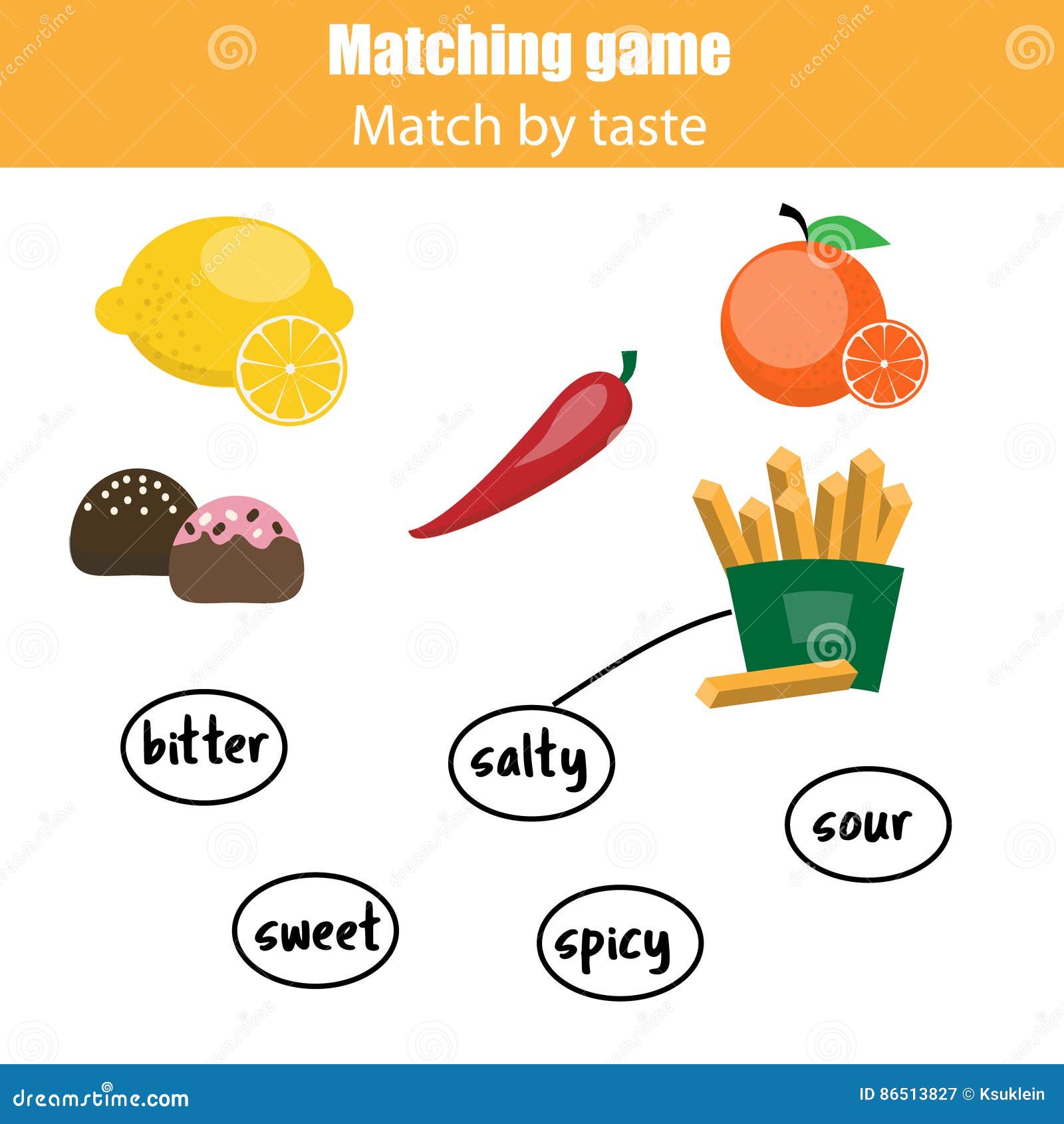 Matching Children Educational Game, Match Food by Taste Stock