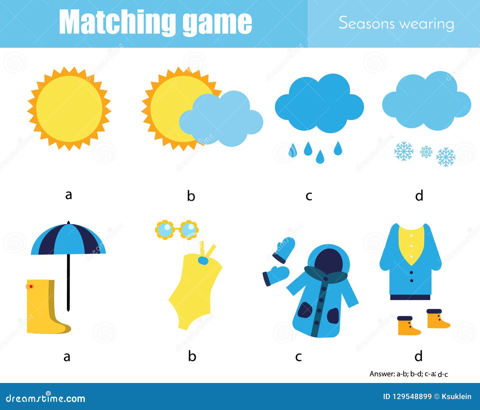 matching game educational children activity learning weather and seasonal wearing stock vector illustration of clothes learning 129548899