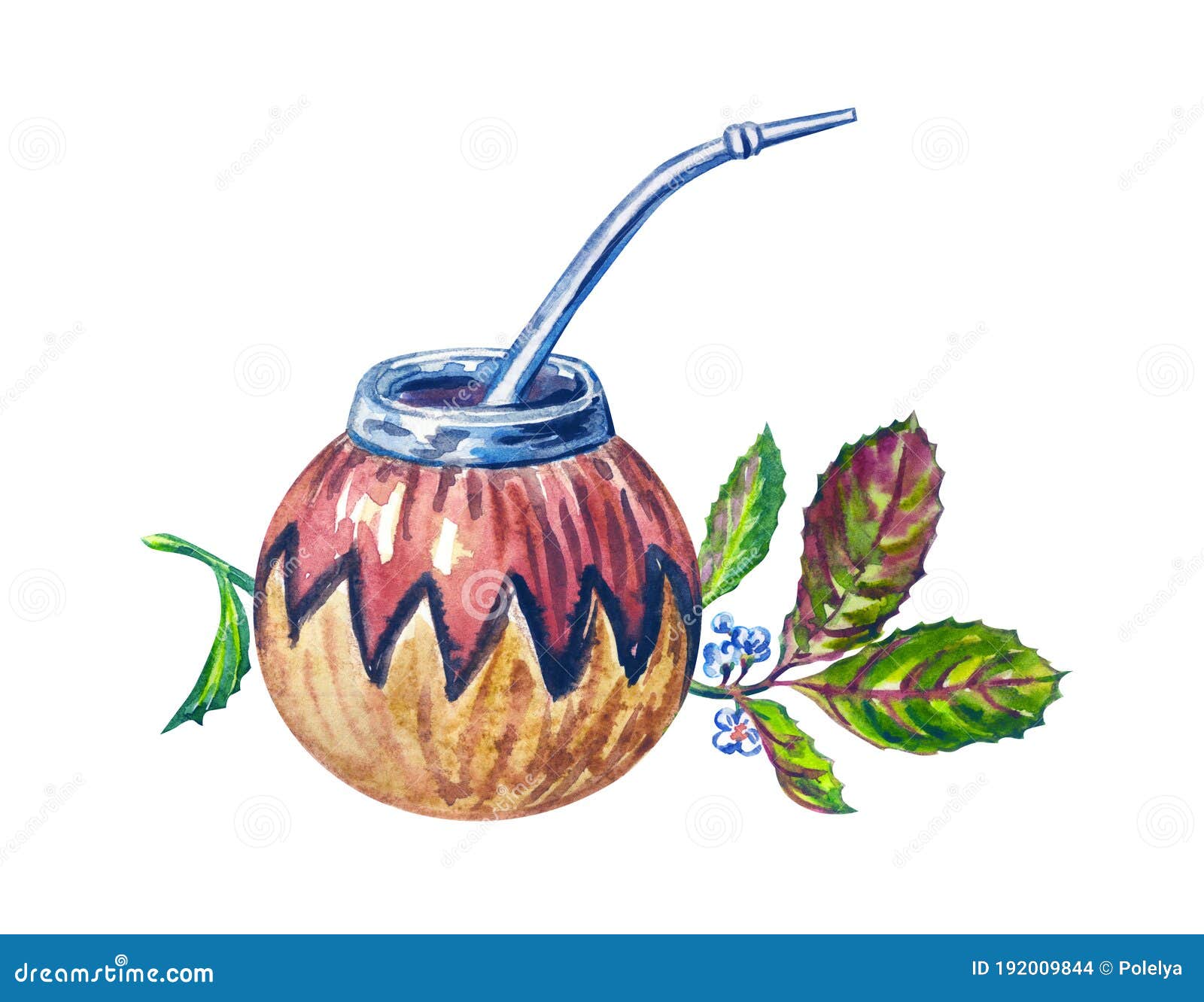 mate drink in calabash with bombilla and leaves of paraguayan holly, watercolo