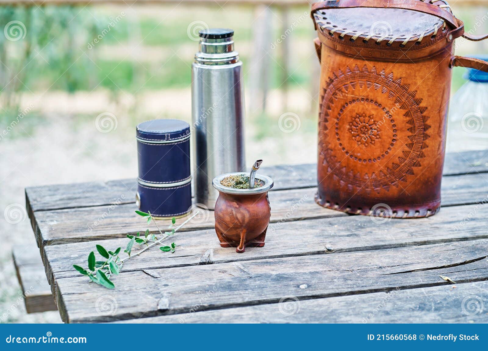 Mate Kit Lined in Leather, with the Light Bulb, Thermos and Bag on a Wooden  Table in the Countryside Stock Photo - Image of paraguay, herbal: 215660568