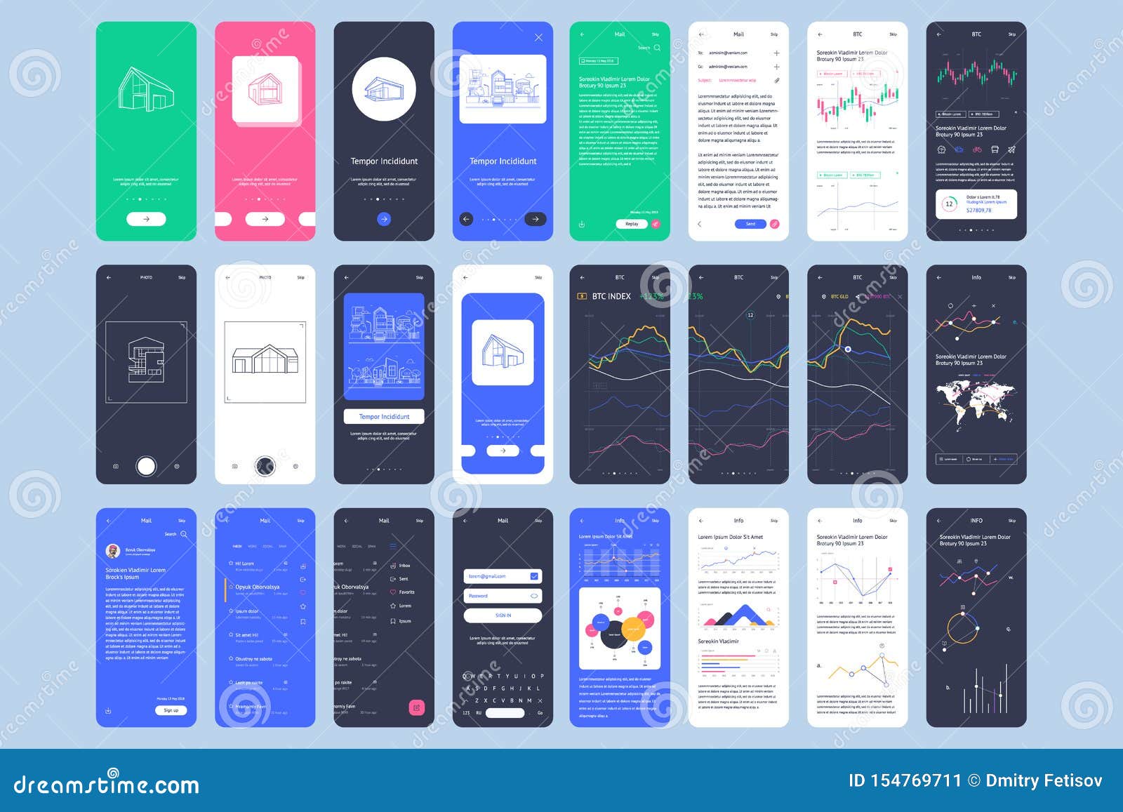 Material Design Mail App Kit For Mobile With Wireframe Stock Vector