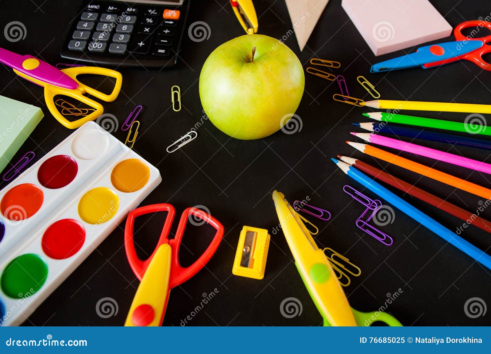 material for school, paper clips, pencils, colors, scisor and notebook