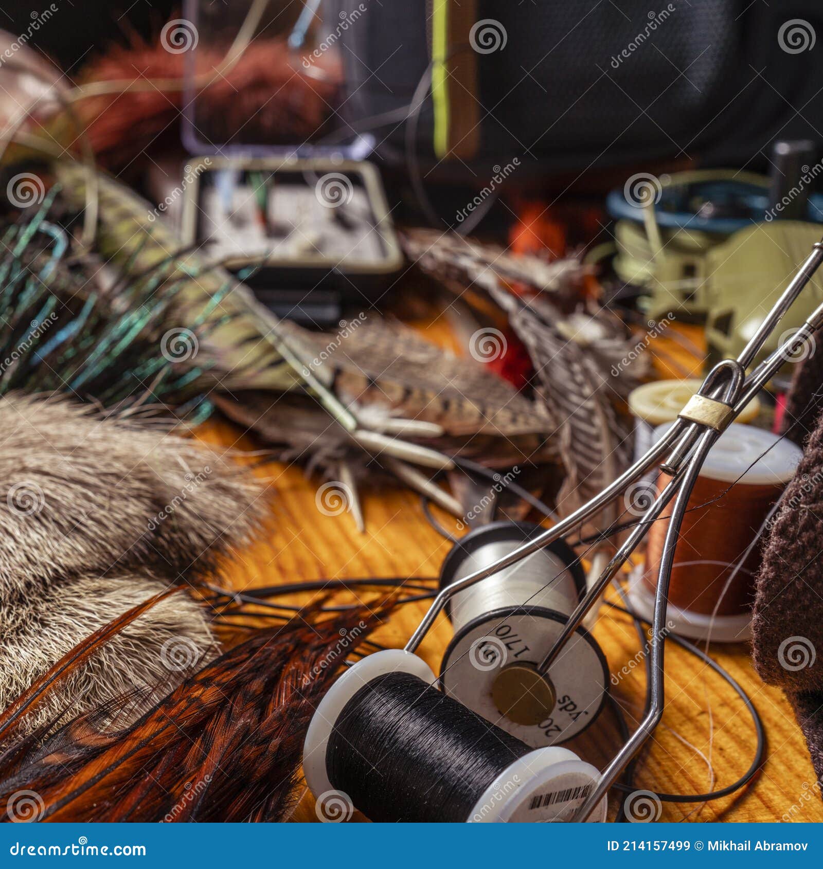 Materials and Tools for Tying Lures on a Wooden Table. Fly Fishing Still  Life Stock Image - Image of brown, color: 214157499