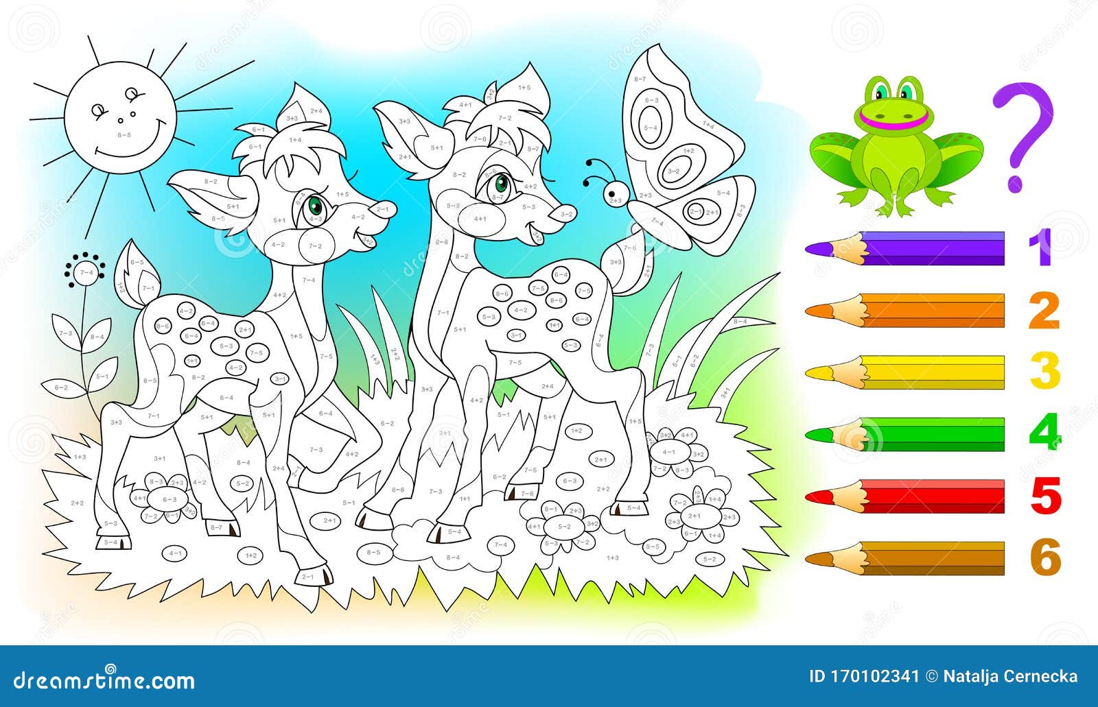 math education for children. coloring book. mathematical exercises on addition and subtraction. solve examples and paint the deer.